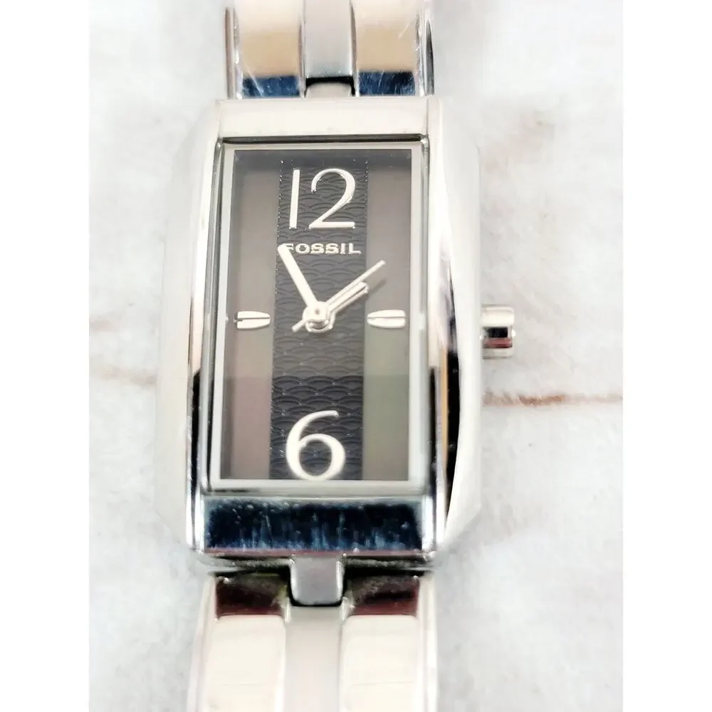 FOSSIL ES2160 Woman's Stainless Black Dial Crystal Accent Watch W/New Battery